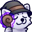 a cartoon dog wearing a hat and holding a purple object .