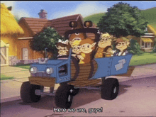 a cartoon of a group of pigs driving a vehicle with the words here we are guys written on the bottom