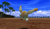 a cartoon rabbit is running on a dirt field with palm trees in the background