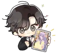 a boy in a suit is holding a picture of a girl