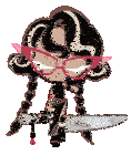 a cartoon girl with glasses is holding a large saw .