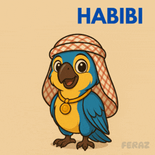 a cartoon drawing of a blue and yellow parrot with the name habibi on the bottom