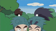 a couple of cartoon characters are standing next to each other in a field .