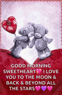 a couple of teddy bears hugging each other with a heart balloon