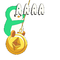 a cartoon of a penguin holding a gold coin that says " aaa "
