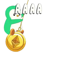 a cartoon of a penguin holding a gold coin that says " aaa "