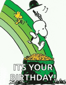 a cartoon of snoopy and woodstock jumping over a pot of gold