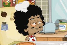 a cartoon of a man wearing a chef 's hat with a jar of yonisa next to him