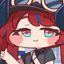 a close up of a cartoon character with red hair and blue eyes wearing a hat and goggles .
