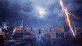 a person is flying through the air in front of a lightning bolt