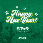 a green background with the words happy new year in yellow letters