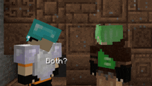 two minecraft characters are standing next to each other and one of them has the word both on his back
