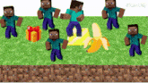 a bunch of minecraft characters are standing around a banana and a gift box