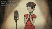 a girl in a red dress singing into a microphone with the words meromero meroro over head over heels for you below her
