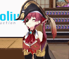 a girl in a pirate costume is standing in front of a sign that says oliuction