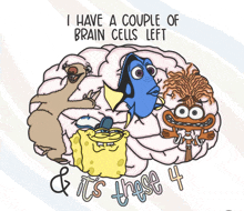 a cartoon drawing of a brain with spongebob dory and a sloth on it