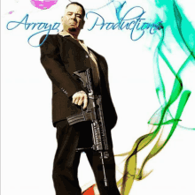 a man in a suit is holding a gun in front of an arrayz productions logo