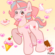 a drawing of a pink pony with hearts and a chocolate bar