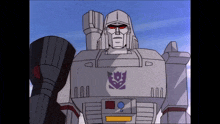 a cartoon drawing of a robot with a purple emblem on it