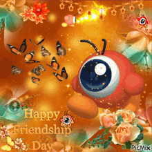 a happy friendship day greeting card with a cartoon character
