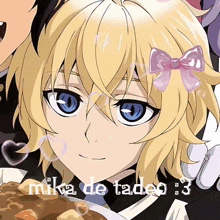 a picture of a girl with a pink bow and the name mika de tadeo 3 on the bottom