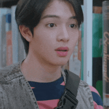 a young man wearing a pink and blue striped shirt and a grey vest is standing in front of bookshelves .