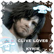 a picture of a man with the words " clive loves kyrie " on it