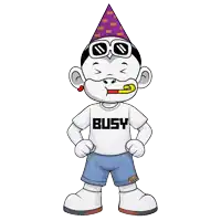 a cartoon character is wearing a shirt that says busy on it