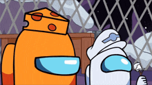 two among us characters are standing next to each other with one holding a marshmallow