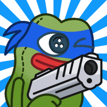 a cartoon of a frog with a blue bandana on his head holding a gun
