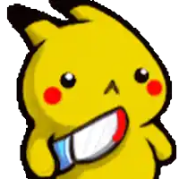 a pikachu holding a large knife in its mouth