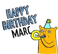 a cat wearing a party hat is blowing a party horn with the words happy birthday marc below it