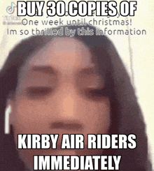 a woman is talking about kirby air riders on tiktok