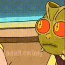a close up of a cartoon character with orange eyes and the words adult swim written on the bottom