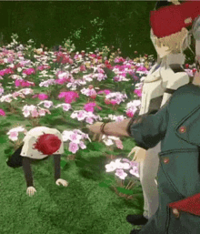 a video game character is kneeling in a field of flowers