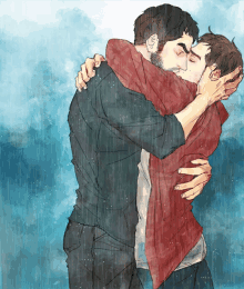 gay rain hug couple embrace