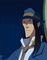 a cartoon character with long hair wearing a blue hat and tie