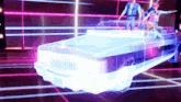 a group of people standing around a car that is glowing blue