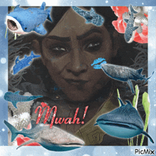 a picture of a woman surrounded by whales and sharks with the word mwah written in red
