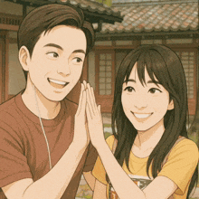 a man and a woman are giving each other high fives