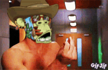 a gif of a shirtless man with a monkey mask on his face giving the middle finger