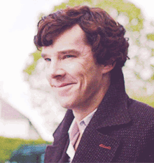 a man with curly hair wearing a brown coat and tie