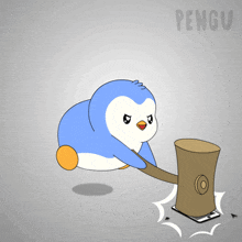 a cartoon of a penguin with a hammer on its head