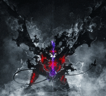 a demon with a red and purple light coming out of it 's mouth