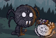 a cartoon spider is standing next to a pumpkin filled with flowers .