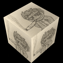 a cube with a drawing of a boy with a sword on it