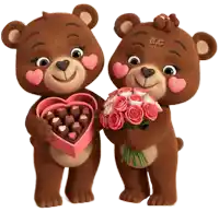 two teddy bears holding a heart shaped box of chocolates and flowers