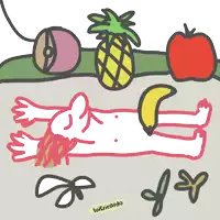a drawing of a person laying on the ground with a banana pineapple and apple