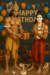 a painting of a man giving a gift to another man with the words happy birthday in the background