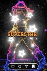 a neon sign that says superstar with a person in the background